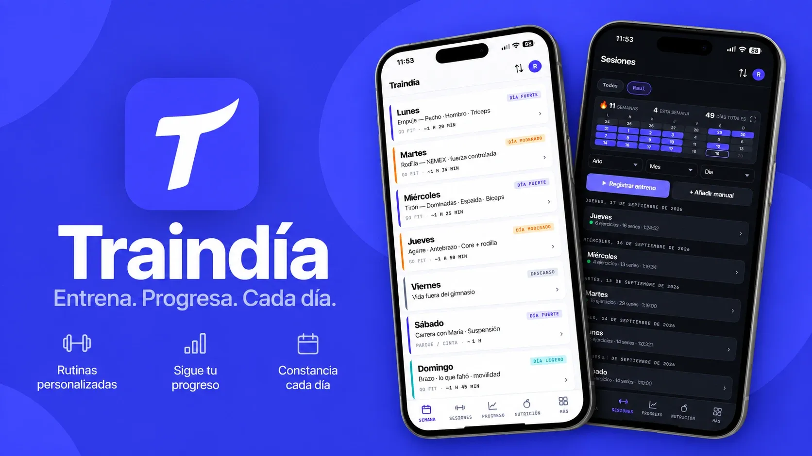 Traindía: el icono de la app y dos móviles con el plan de la semana y el historial de sesiones
